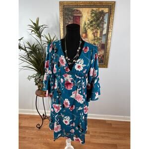 Pink Lily Dress Womens Medium Blue Floral Print Bell Sleeve Cottagecore Boho